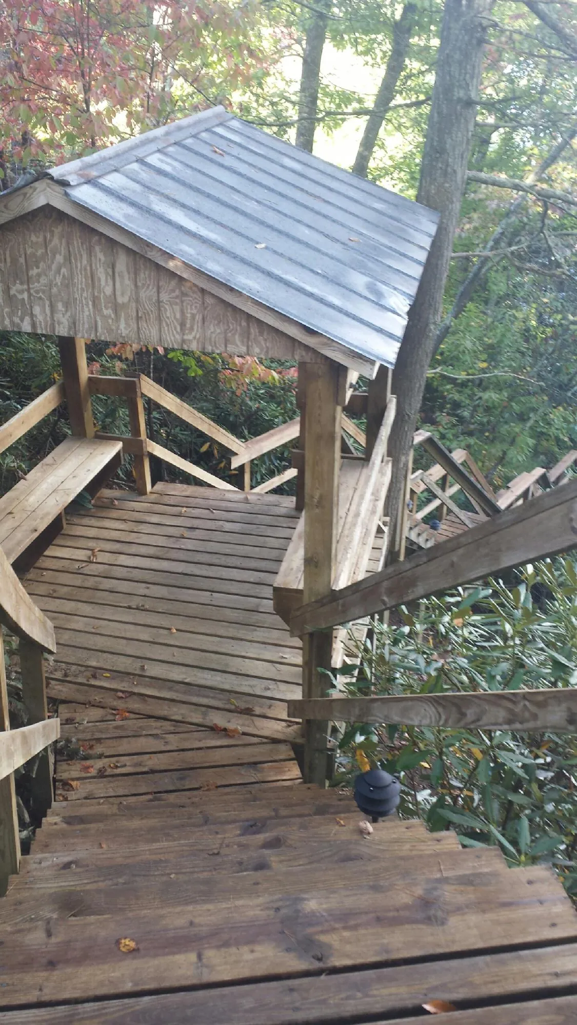 Metal roofed shelter over wooden steps on a wooded walkway — Skylight Repair & Installation work by our crew in Lloyd